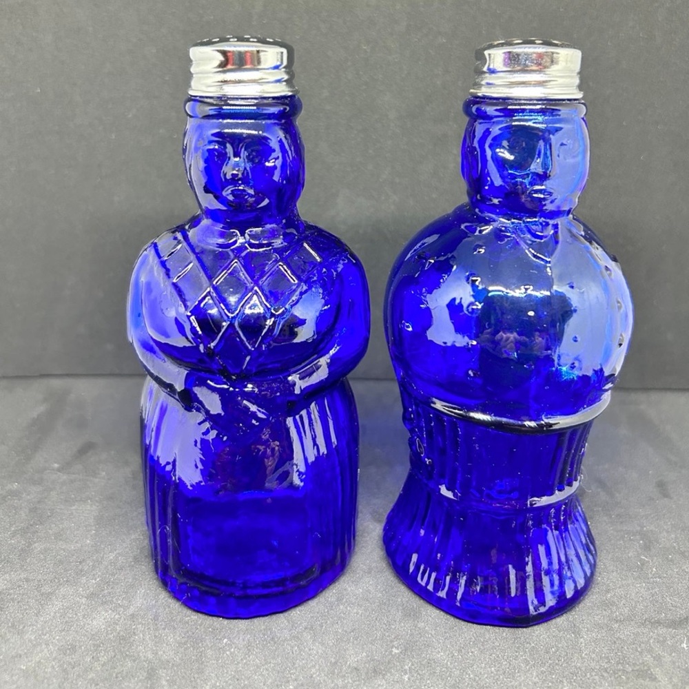 Vintage Cobalt Blue Glass Woman & Man Salt & Pepper Shakers